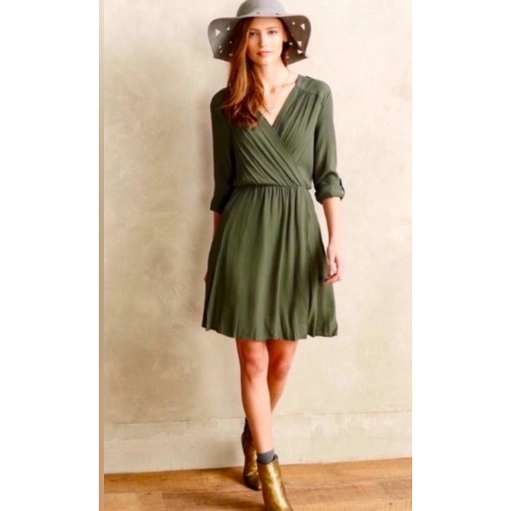 Anthropologie Maeve Lene Faux Wrap Dress Women's Size Large Olive Green
